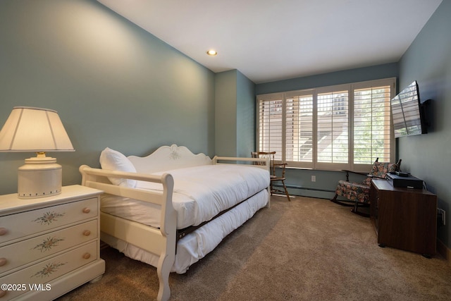 111 Scott Hill Rd Unit 17, Beaver Creek, CO 81620 - carpeted bedroom featuring a baseboard radiator, vaulted ceiling, and recessed lighting
