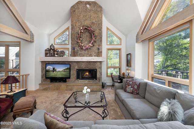111 Scott Hill Rd Unit 17, Beaver Creek, CO 81620 - living area with high vaulted ceiling, carpet floors, a large fireplace, and healthy amount of natural light