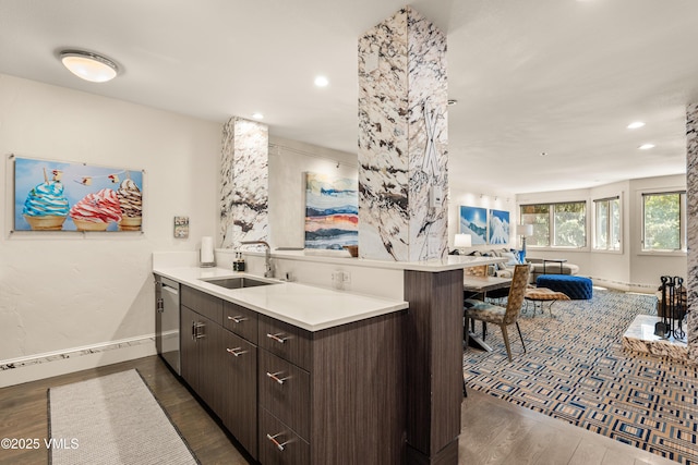 311 Offerson Rd Unit 223, Beaver Creek, CO 81620 - kitchen with open floor plan, dark wood-type flooring, dark brown cabinetry, dishwasher, and recessed lighting