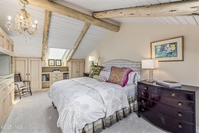 bedroom with lofted ceiling with beams, light colored carpet, and a chandelier