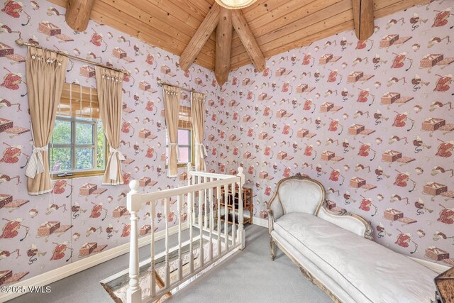 bedroom with lofted ceiling with beams, carpet floors, and wooden ceiling