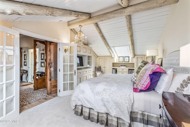 carpeted bedroom featuring lofted ceiling with beams, a chandelier, and wood ceiling