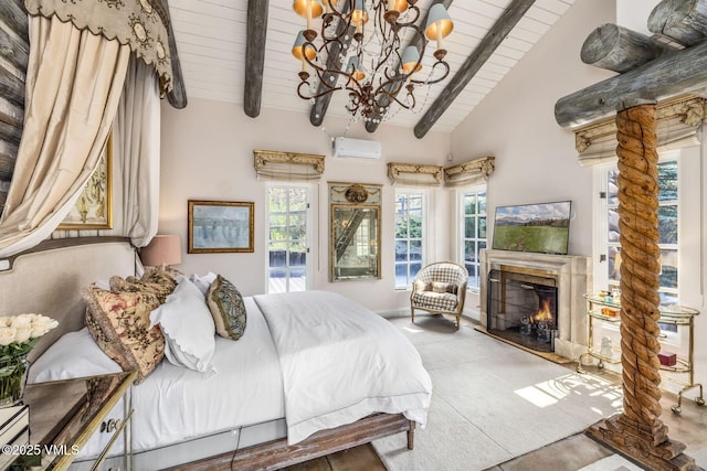 bedroom featuring beamed ceiling, a wall mounted AC, wooden ceiling, and high vaulted ceiling