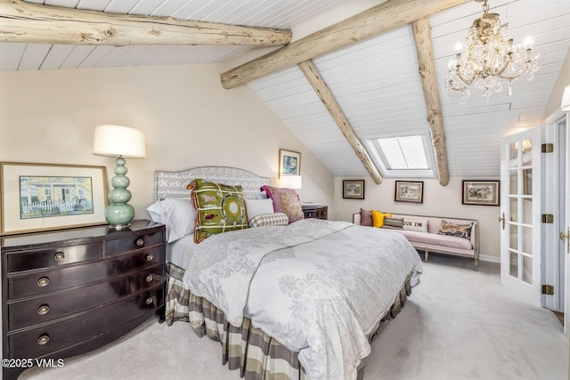 bedroom featuring vaulted ceiling with beams, light carpet, and a chandelier