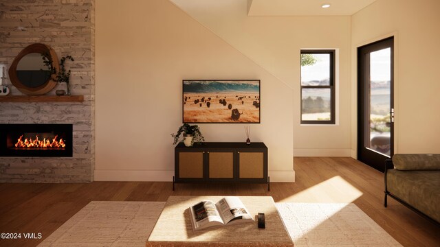 living room with hardwood / wood-style flooring and a stone fireplace