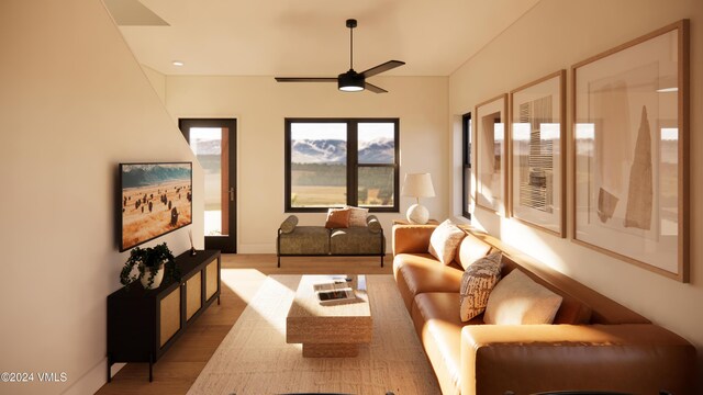 sunroom / solarium featuring ceiling fan