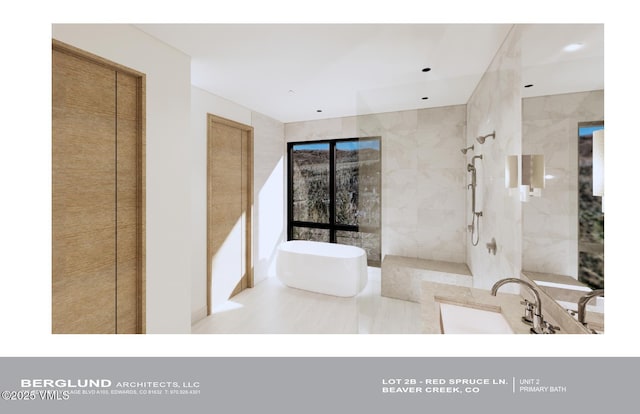 46 Red Spruce Ln Unit 2, Beaver Creek, CO 81620 - bathroom featuring a freestanding tub, vanity, and a walk in shower