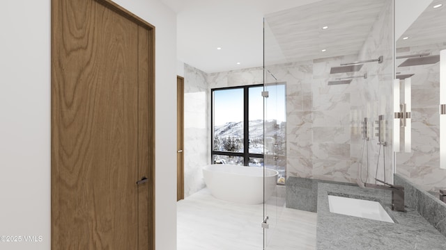46 Red Spruce Ln Unit 2, Beaver Creek, CO 81620 - full bath featuring a marble finish shower, a freestanding tub, and recessed lighting