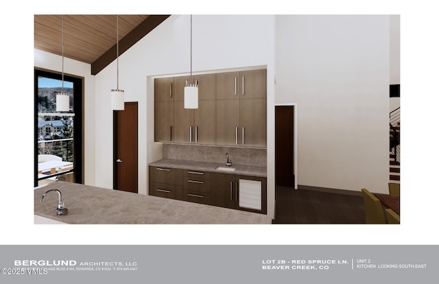46 Red Spruce Ln Unit 2, Beaver Creek, CO 81620 - kitchen featuring vaulted ceiling, dark wood-style floors, backsplash, wooden ceiling, and pendant lighting