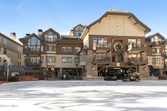 view of snow covered building