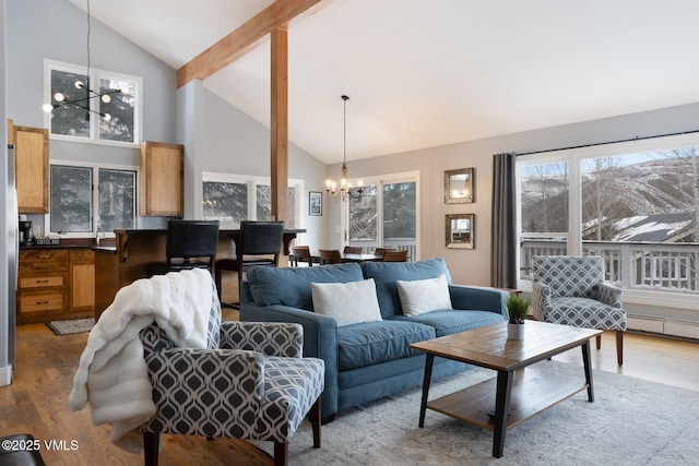 living room with an inviting chandelier, hardwood / wood-style flooring, beam ceiling, and high vaulted ceiling