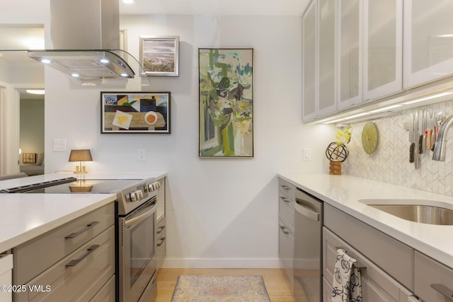 2783 Kinnikinnick Rd Unit 7, Vail, CO 81657 - kitchen with stainless steel appliances, island range hood, backsplash, and light countertops