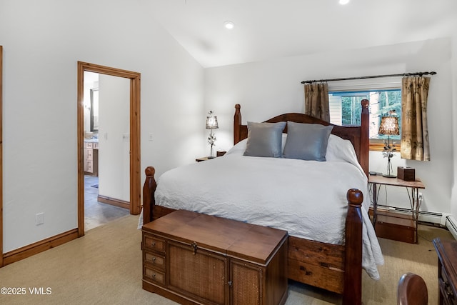 2832 Kinnickinnick Rd Unit 4, Vail, CO 81657 - bedroom with vaulted ceiling, light carpet, recessed lighting, and a baseboard radiator