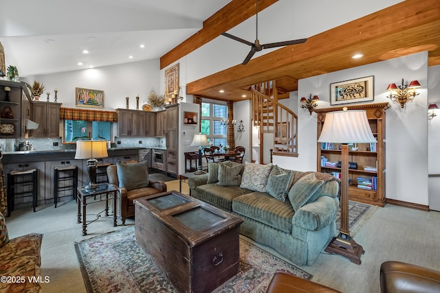 2832 Kinnickinnick Rd Unit 4, Vail, CO 81657 - living room with light carpet, stairway, recessed lighting, ceiling fan, and high vaulted ceiling