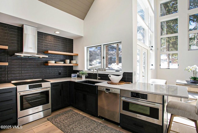 kitchen with tasteful backsplash, wall chimney exhaust hood, appliances with stainless steel finishes, open shelves, and a sink