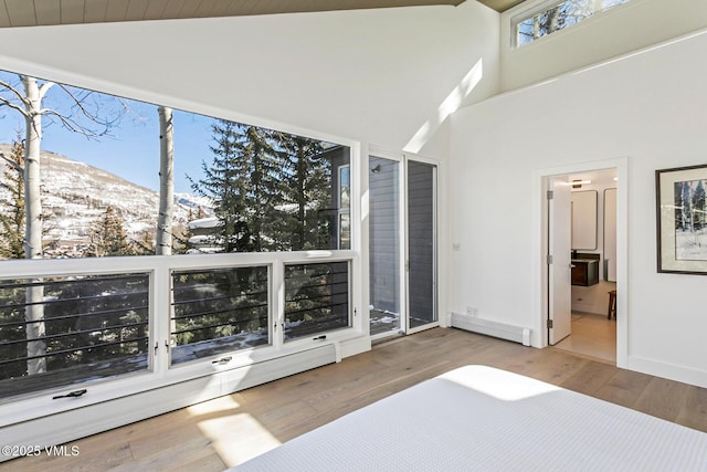 bedroom with a baseboard heating unit, wood finished floors, a mountain view, and baseboards