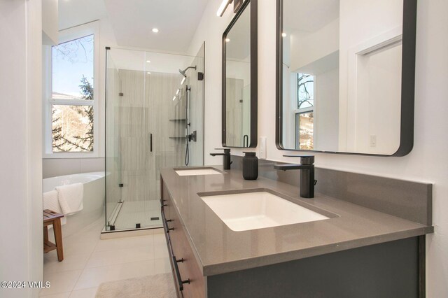 bathroom with double vanity, a shower stall, a freestanding bath, and a sink