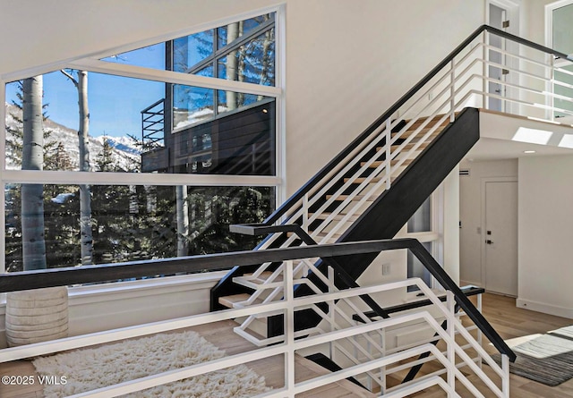 stairway featuring a high ceiling and wood finished floors