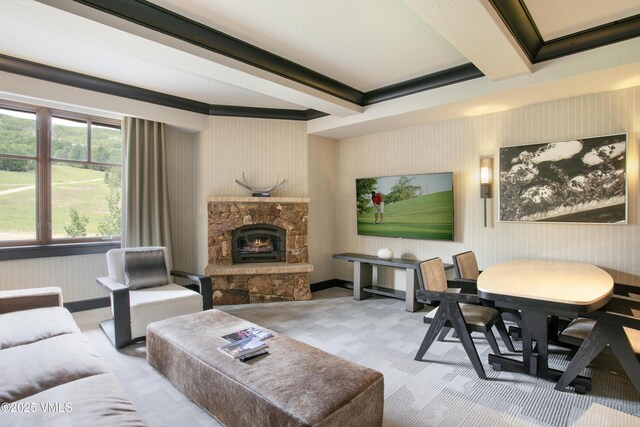 130 Daybreak Rdg Unit 732, Avon, CO 81620 - living room featuring wallpapered walls, a fireplace, baseboards, and beamed ceiling