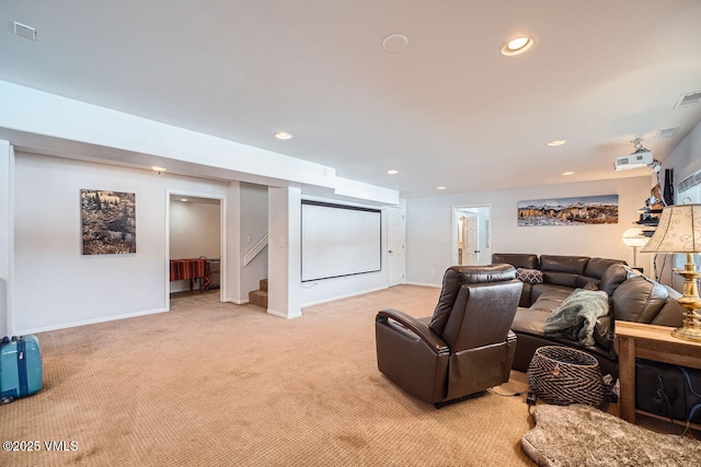 cinema featuring recessed lighting, light carpet, and baseboards