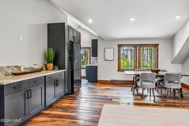 interior space featuring baseboard heating, dark hardwood / wood-style flooring, and vaulted ceiling