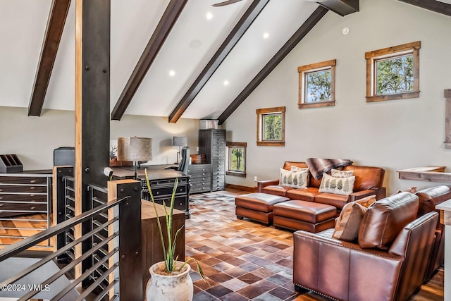 living room featuring vaulted ceiling with beams