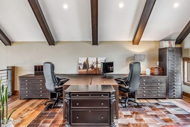 home office featuring beam ceiling and dark hardwood / wood-style flooring