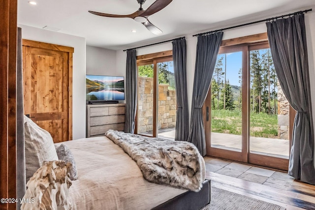 bedroom featuring access to exterior and ceiling fan