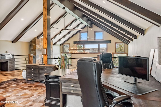 office featuring beamed ceiling and high vaulted ceiling