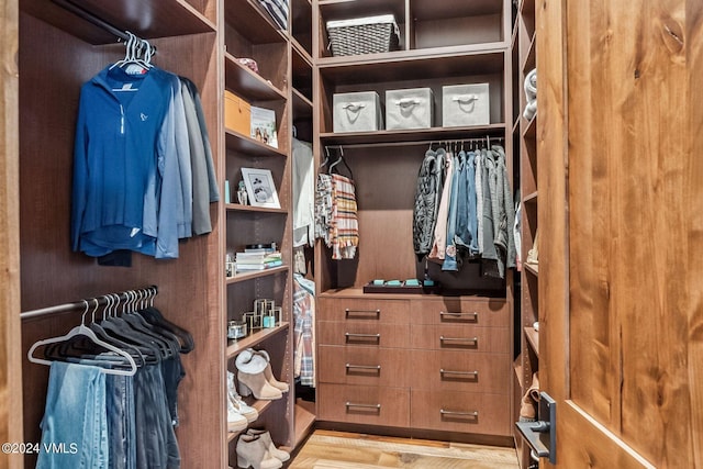 spacious closet with light hardwood / wood-style flooring