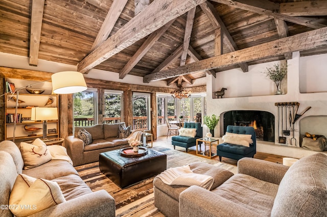 living room with wood ceiling, a premium fireplace, beamed ceiling, and hardwood / wood-style flooring