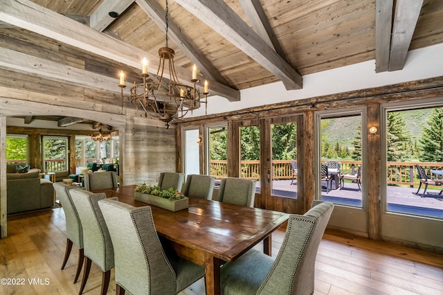 dining room featuring wood ceiling, beamed ceiling, a chandelier, and light wood-type flooring