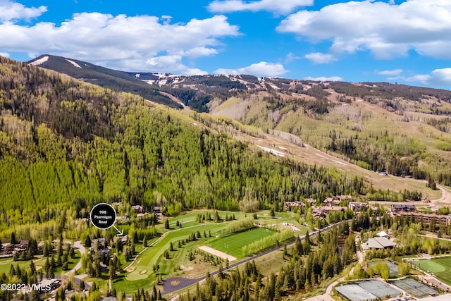 birds eye view of property featuring a mountain view