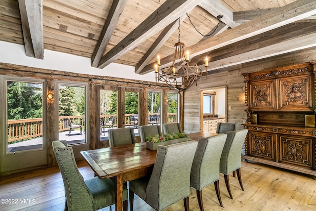 dining room with vaulted ceiling with beams, wood walls, wood ceiling, light wood-type flooring, and a notable chandelier