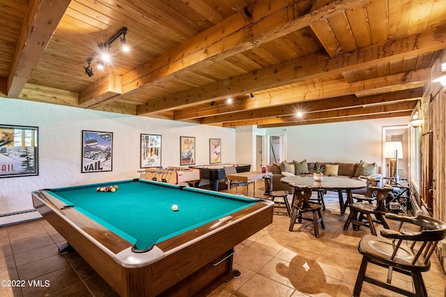 game room featuring tile patterned floors, track lighting, wooden ceiling, and beamed ceiling