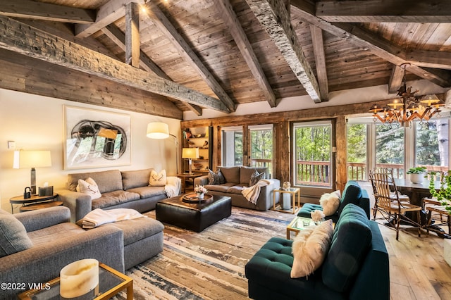 living room featuring an inviting chandelier, high vaulted ceiling, wooden ceiling, beam ceiling, and light hardwood / wood-style floors