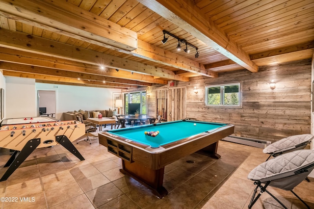 recreation room with pool table, wooden ceiling, wooden walls, beamed ceiling, and a baseboard heating unit