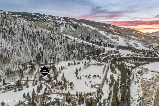 snowy aerial view featuring a mountain view