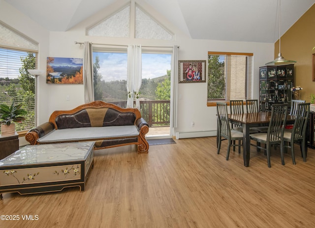 1082 W Wildwood Rd Unit C, Avon, CO 81620 - living area with vaulted ceiling, wood finished floors, a baseboard radiator, and healthy amount of natural light