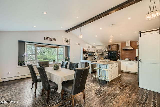 751 Bull Run, Eagle, CO 81631 - dining room with dark wood-style flooring, a baseboard radiator, a barn door, and recessed lighting