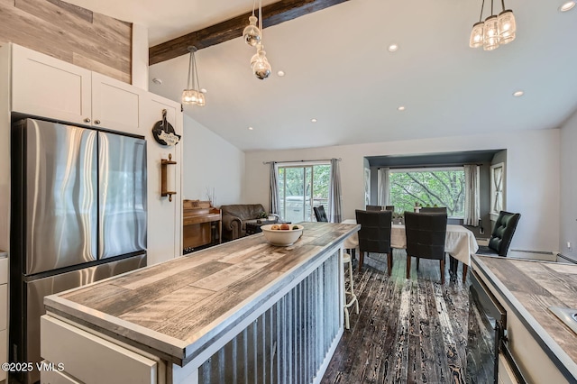 751 Bull Run, Eagle, CO 81631 - kitchen featuring freestanding refrigerator, butcher block countertops, white cabinetry, open floor plan, and a chandelier
