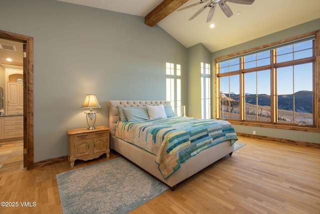 96 Pikes Way, Edwards, CO 81632 - bedroom with baseboards, light wood-type flooring, a mountain view, a ceiling fan, and recessed lighting
