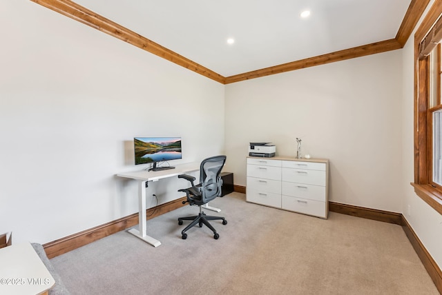 196 Spring Creek Ln, Edwards, CO 81632 - office area with light colored carpet, ornamental molding, and recessed lighting