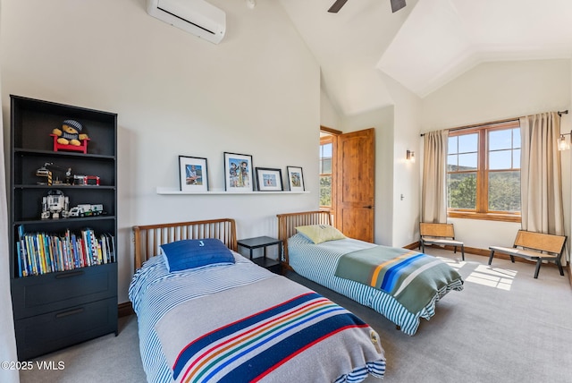 196 Spring Creek Ln, Edwards, CO 81632 - bedroom with a wall mounted AC, carpet flooring, high vaulted ceiling, and a ceiling fan