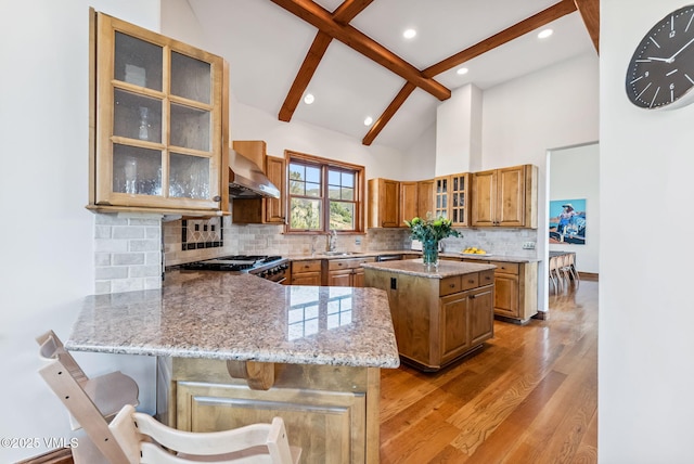 196 Spring Creek Ln, Edwards, CO 81632 - kitchen featuring light wood-type flooring, ventilation hood, light stone counters, beamed ceiling, and backsplash
