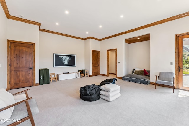 196 Spring Creek Ln, Edwards, CO 81632 - living area with light carpet, crown molding, and recessed lighting