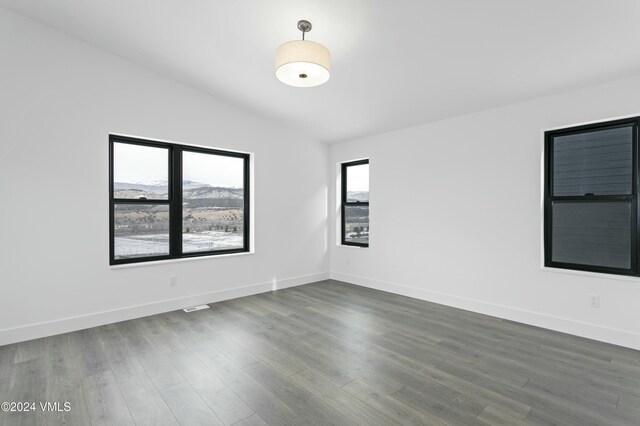 spare room featuring dark hardwood / wood-style flooring and lofted ceiling