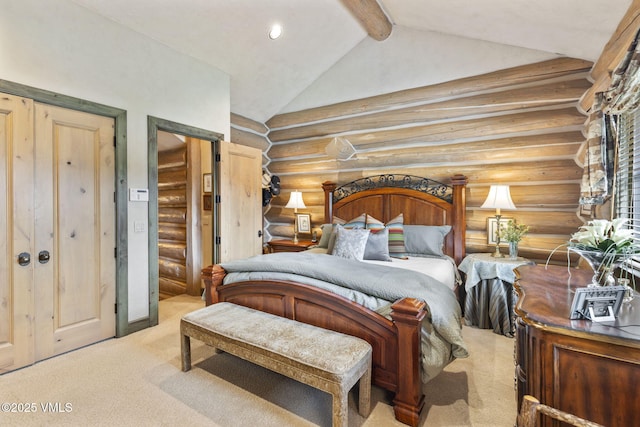 1416 Red Draw, Edwards, CO 81632 - bedroom featuring rustic walls, light colored carpet, beamed ceiling, recessed lighting, and high vaulted ceiling