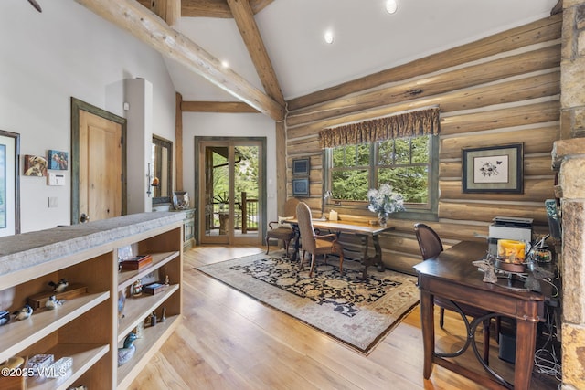 1416 Red Draw, Edwards, CO 81632 - dining space featuring rustic walls, high vaulted ceiling, light wood-style flooring, beamed ceiling, and an office area