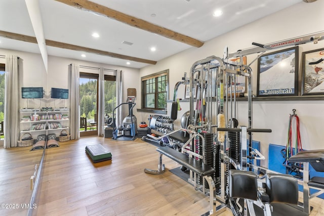 1416 Red Draw, Edwards, CO 81632 - gym with beamed ceiling, recessed lighting, and wood finished floors